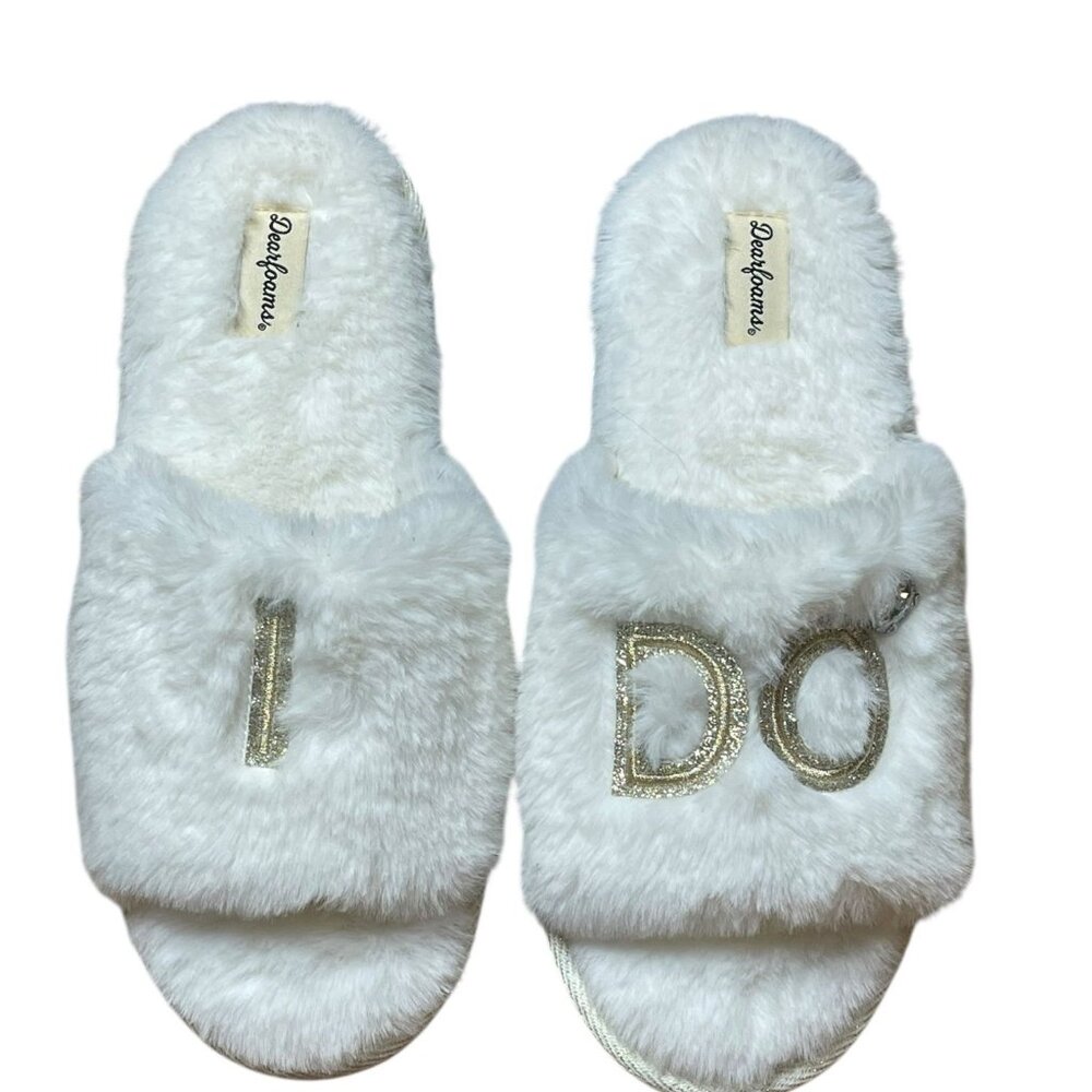 Dearfoams Womens White Plush Bridal Slide Slippers "I Do" Design Large US 7-8